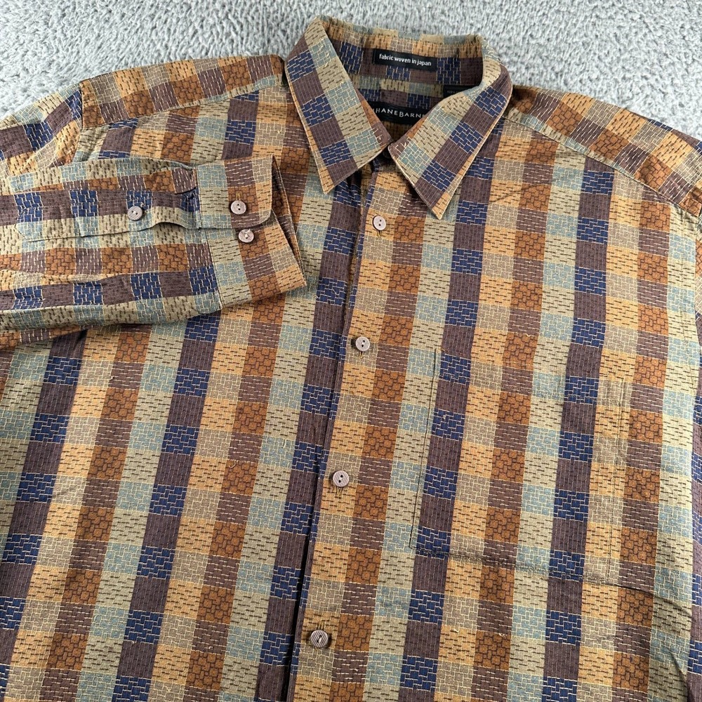 Vtg JHANE BARNES Shirt Mens L Textured Check Brown Blue Japan Long Sleeve Button